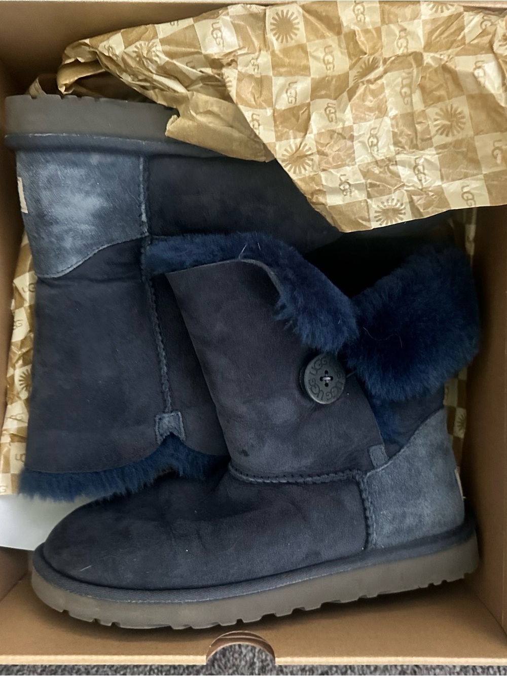 UGG Navy Suede Button Shearling Short Boots
